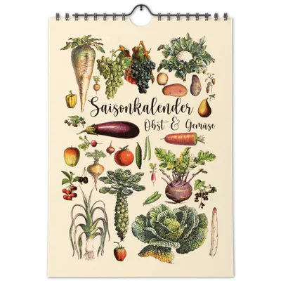 Saisonkalender für Obst und Gemüse im A4-Format – liebevoll illustriert im Vintage-Stil.