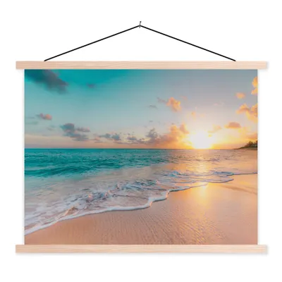 Produktbild von MuchoWow® Textilposter Sonnenuntergang - Strand - Meer - Sommer - Blau 60x45 cm mit holzfarbenen Rahmen - Bild
