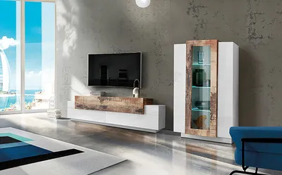 Produktbild von Wohnwand Anbauwand Schrankwand Mediawand TV-Wand Wohnzimmerwand "Catania I" Weiß Hochglanz / Ahorn Nachbildung