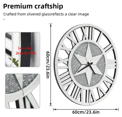 Image de Grande horloge murale à miroir - Horloge murale ronde de 60 cm - Horloge squelette avec chiffres romains - Verre à facettes - Fonctionnement silencieux - Décoration moderne pour salon