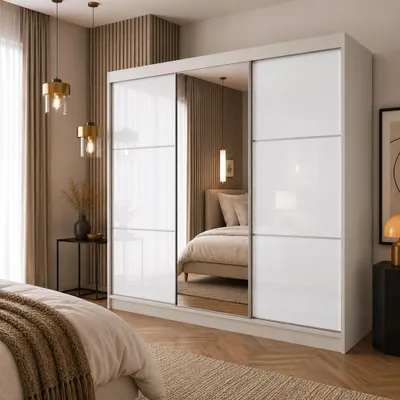 Produktbild von BEAUTYSOFA | Schwebetürenschrank mit Spiegel und Schubladen, Lacobel-Glasfronten Kaschmir, VIVA II 240 cm, 3-türig Kleiderschrank