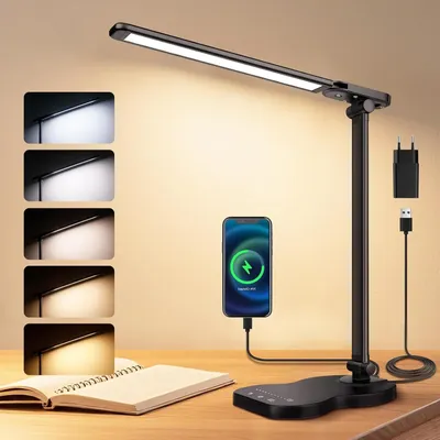 Obrázok produktu pre Stolná lampa s LED – nastaviteľné osvetlenie – ideálna na čítanie, prácu a štúdium – ochrana zraku – funkcia pamäte – 5 farieb, 10 úrovní – čierna