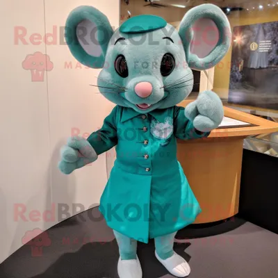 Produktbild von Blaugrüne REDBROKOLY Maus Maskottchen kostümfigur bekleidet mit einem Etuikleid und Manschettenknöpfen