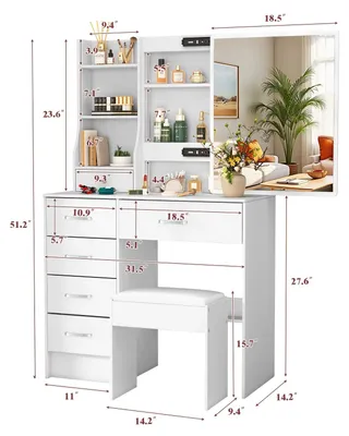 Productafbeelding van Kaptafel Met LED Spiegel - Wit - Hout - Modern - Slaapkamermeubilair