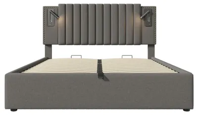Image de Lit double avec tête de lit capitonnée - Structure de lit - Canapé-lit - Lit - Sommier - Gris, 160x200 cm