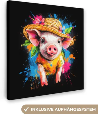 Produktbild von MuchoWow® - Leinwandbilder - Graffiti - Sommer - Schwein - Lustig - Tier, Wandbild, Wanddeko Bilder Wohnzimmer, 20x20cm