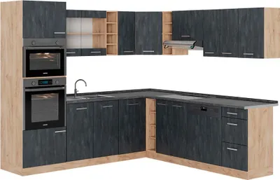 Produktbild von Eckküche Vicco R-Line Schwarz Beton/Goldkraft Eiche 247 x 60 cm AP Anthrazit, Model 47384
