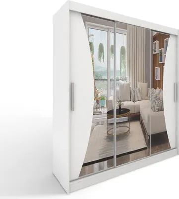 Produktbild von Easy Furniture A4 Schiebetüren Kleiderschrank 250 x 215 x 58 cm mit Spiegel - Schlafzimmermöbel, Aufbewahrung - Mehrzweckschrank - Farbe: Weiß - 3 Schiebetüren
