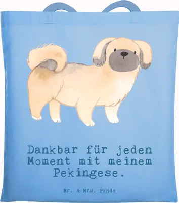 Produktbild von Mr. & Mrs. Panda Jutebeutel Pekingese Moment - Sky Blue - Geschenk, dokumententasche, Laptoptasche, Tasche, Pekinese, Peking-Palasthund, Stoffbeutel, Schultasche