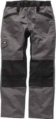 A pair of grey and black work pants are shown against a white background.