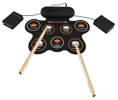 Image de Batterie électronique avec haut-parleur de 3W, batterie électronique à rouleau manuel, 7 pads, compatible avec diverses sources audio, 3 styles de batterie, 10 rythmes, 10 morceaux de démonstration, tapis de pratique, batterie complète avec baguettes et pédale