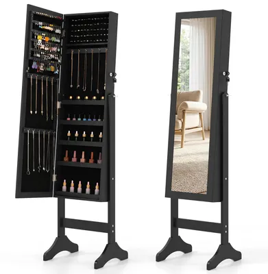 Produktbild von COSTWAY Schmuckschrank, Spiegelschrank, Schmuck Organizer mit Ringschlitzen, Ohrringschlitzen, Kettenhaken & Ablagen, Schmuckaufbewahrung, Schwarz