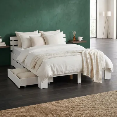 Produktbild von Homestyle4u Holzbett 140x200 mit 2 Schubladen Weiß Doppelbett mit Lattenrost Bettkasten