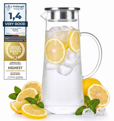 Produktbild von Glaskaraffe Wasserkaraffe Infusionskaraffe - 1,5 Liter - Borosilikatglas - Mit Edelstahlfilter - Mit Deckel