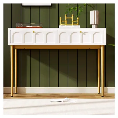 Produktbild von Schminktisch mit 2 Schubladen, weiß, Frisiertisch Kommode, Schlafzimmer Kosmetiktisch mit Stauraum, moderner Home-Office-Schreibtisch, goldene Metallbeine, für kleine Räume, 100x45x76,5cm