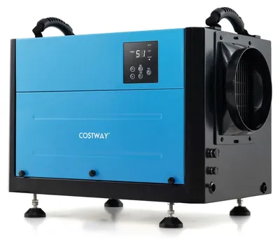 A blue and black dehumidifier is shown from a three-quarter front view, resting on adjustable feet against a white background.