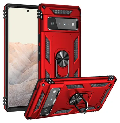 A red phone case with a ring holder is shown from multiple angles against a white background.