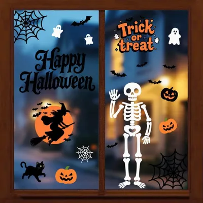 Productafbeelding van Statische raamstickers, 30 cm x 90 cm, 3 vellen met 26 zwarte en gele Halloween-motieven, decoratieve, verwijderbare raamdecoraties