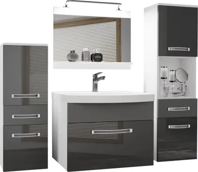 Produktbild von BELINI Badmöbel Vollausstattung Set Waschbeckenschrank, 1x kleiner Schrank, 1xHochschrank, Waschbecken, Spiegel, Lampe (Grau / Grau, Glänzend und Matt)