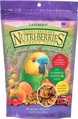 A bag of Lafeber's Nutri-Berries parrot food with a parrot illustration and fruit.