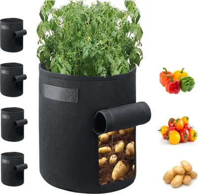 Produktbild von 1 Stück Pflanzen Tasche, Kartoffel Pflanzsack 7 Gallonen mit Griffen und Sichtfenster, AtmungsaktivBeutel Gemüse Grow Bag Pflanztasche für Karotten/Zwiebeln/Gemüse (Schwarz)