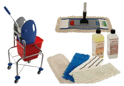Produktbild von Axis Line Wischmop Komplettset mit Einfachfahrwagen extra hoch 17 Liter und Ersatzmöppe und 2 x Profi Reinigungsmittel 50 cm breit