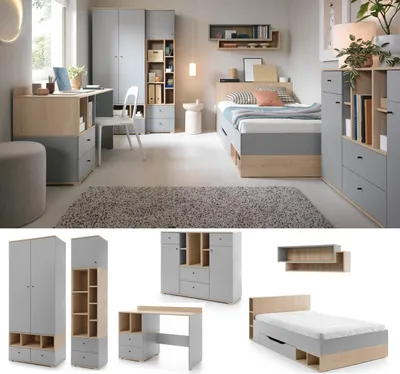 Produktbild von Jugendzimmer Kinderzimmer komplett Oriel Set B Schrank Regal Kommode Schreibtisch Bett 120x200 Wandregal