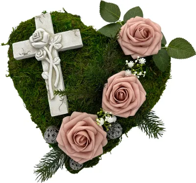 Produktbild von Grabgesteck Grabschmuck Herz Grabherz Gesteck - Kreuz 3D Rose 30cm altrosa