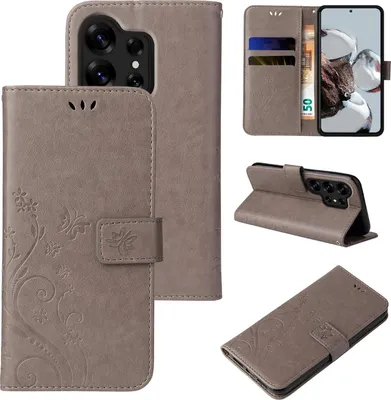 Produktbild von Handyhülle für Samsung Galaxy S26 Ultra Floral Blumen Schmetterling Flip Cover Hülle Case Klapphülle Handytasche Farbe: Grau