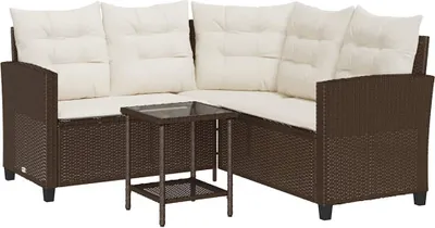 Zdjęcie produktu dla vidaXL Sofa ogrodowa w kształcie litery L ze stolikiem i poduszkami z brązowego polirattanu