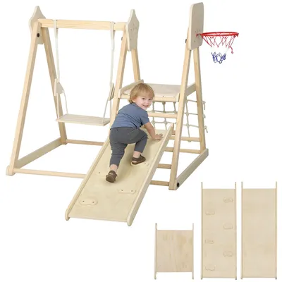 Produktbild von 5-in-1 Indoor-Klettergerüst mit Rutsche, Schaukel, Kletternetz, Basketballkorb, klappbar, 3-6 Jahre, Naturholz