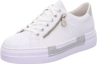 A white sneaker with silver accents and a zipper.