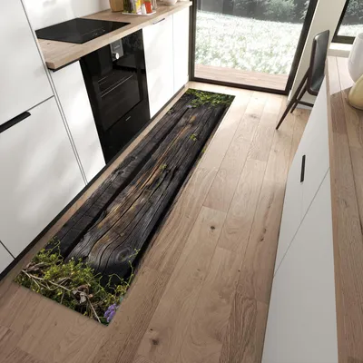 Produktbild von Küchenläufer 60 x 270 cm Braun rutschfest & waschbar – Küchenteppich Wildblumen auf Holz PVC Teppichläufer Küche