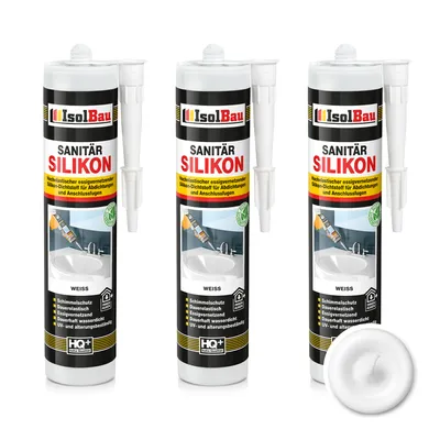 Produktbild von Isolbau Sanitär Silikon 3 x 300 ml Weiß - Hochelastischer Silikon-Dichtstoff für Abdichtungen & Fugen – Schimmelresistent, wasserdicht -  Kartusche