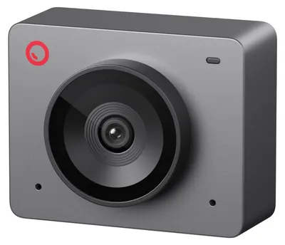 A studio shot of a gray webcam.