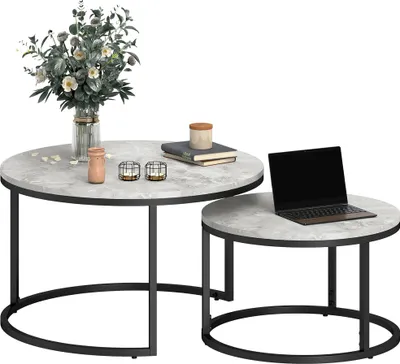 Produktbild von Couchtisch-Set, 2 runde Satztische, Industriedesign, Metallgestell, Betonoptik/Schwarz