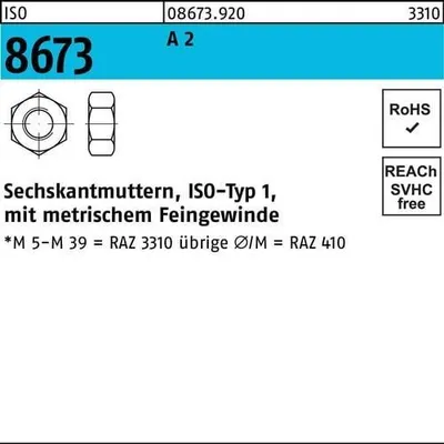 Produktbild von Reyher  Sechskantmuttern ISO 8673 A 2 M 16 x 1,5 A 2 (25 Stück)