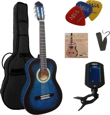 Imagen del producto de Guitarra clásica de 3/4, ideal para principiantes, en un set que incluye: color azul degradado, cuerpo de tilo, funda, correa, cuerdas, 3 púas y un afinador