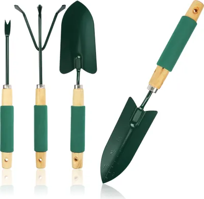 Produktbild von com-four® 4-teiliges Set Gartengeräte - Gartenwerkzeug mit Blumenkelle, Handschaufel, Blumenrechen und Unkrautstecher - Gartenset für Pflanzen und Gartenarbeit