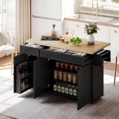 Image de Chariot de cuisine avec plan de travail, tiroirs et placard, dimensions : 137 x 45 x 89,5 cm, couleur : noir