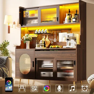 Immagine prodotto di Moderno mobile buffet 145x39x171 cm in stile country con striscia luminosa a LED e ripiano organizer Mobile da cucina a 5 ante con vetro fluted marrone
