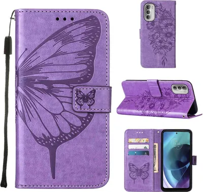Produktbild von Moto G51 5G Hülle, Schmetterling Prägung Flip Leder Kartenfächer Schutzhülle Ledertasche mit Ständer für Motorola Moto G51 5G Violett