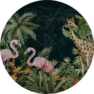 Produktbild von Sticker rund FLAMINGOS Giraffe wilde Tiere tropische Pflanzen Blumen Blätter Natur Wandtattoo Aufkleber 100 cm x 100 cm