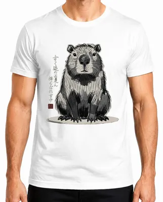 Imagen del producto de Camiseta para hombre con diseño de capibara al estilo japonés sumi-e, con motivos de "wasserschwein" (cerdo de agua), estilo japonés Y2K, color blanco, talla L