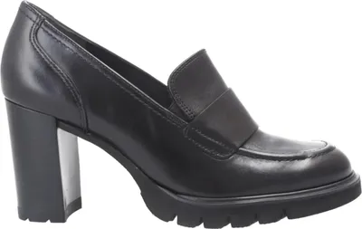 A single black leather loafer pump with a block heel is shown against a white background.