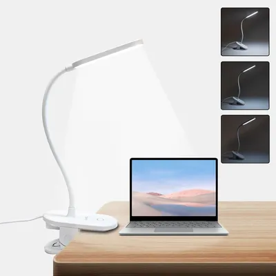 Immagine prodotto di Lampada da lettura a clip LQWELL® per letto, dimmerabile, con 3 livelli di luminosità e morsetto flessibile a 360°, lampada da scrivania per l'ufficio domestico (bianca)