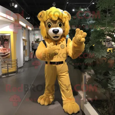 Produktbild von Goldbändiger-Löwe REDBROKOLY Maskottchen Kostüm figur bekleidet mit Overall und Fäustlingen