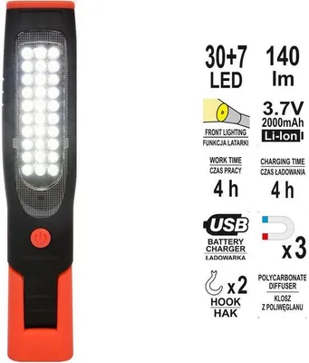 Zdjęcie produktu dla Yato YT-08507, LED, 140,3 lm, Czarny, Czerwony, IP20, Bateria, Litowo-jonowa (Li-Ion)