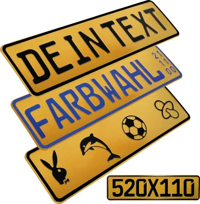 Produktbild von 1 Stück Kennzeichen Gold 52cm x 11cm mit Wunschtext FUN Kennzeichen Funschild