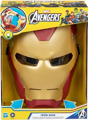 The image shows the packaging of an Iron Man mask, with the mask itself prominently displayed.